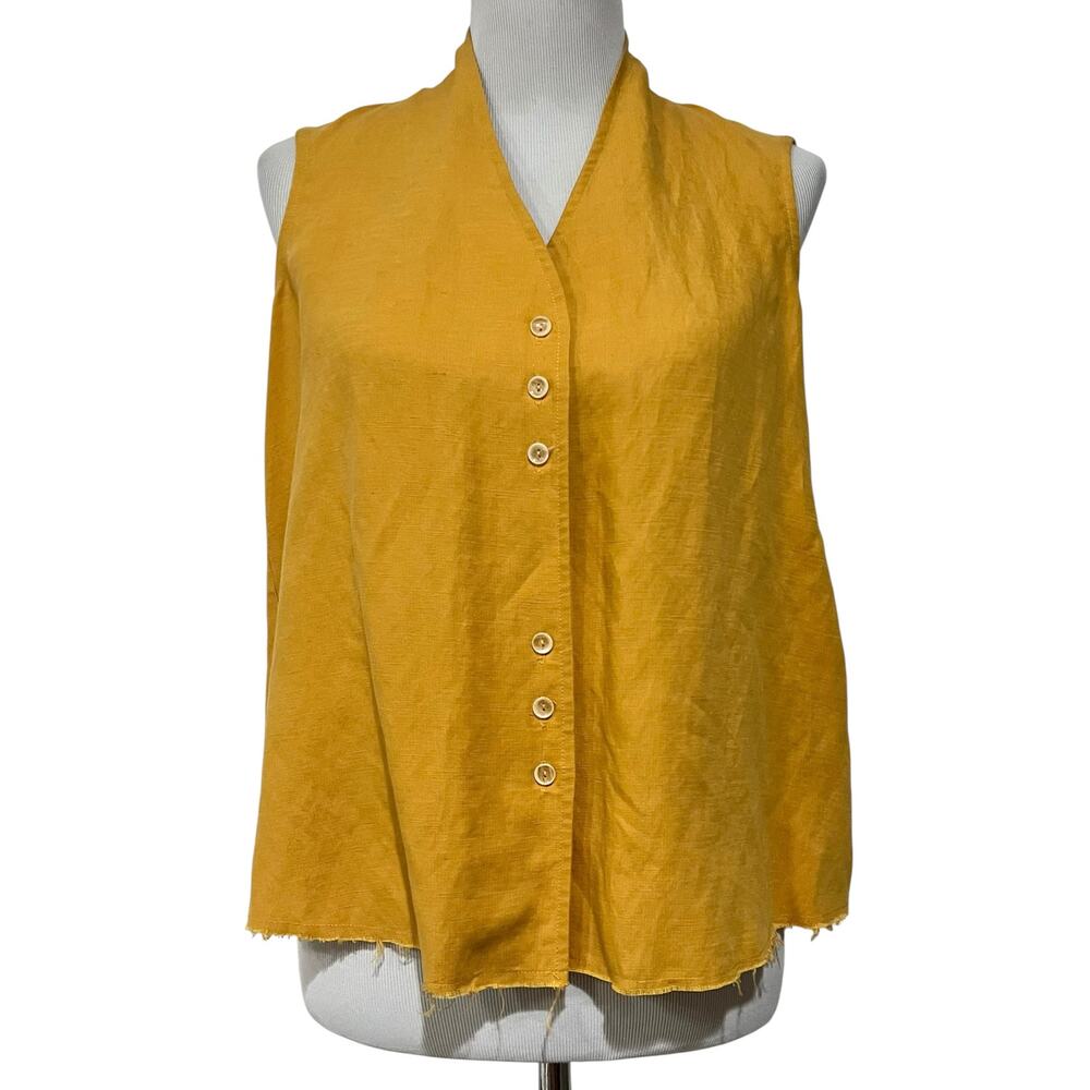 Shosh Women’s Top Linen Blend Sleeveless Raw-Style Hem Button Front Sz XS